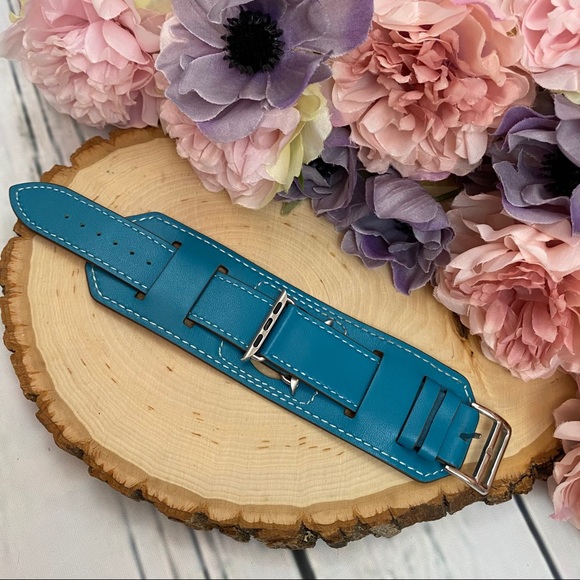 Vegan Leather Blue Double Cuff Watchband for Apple - Picture 7 of 14